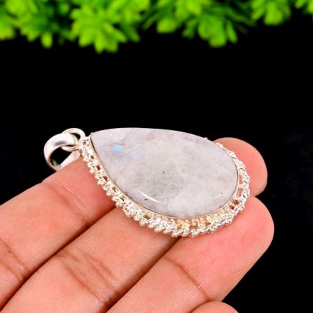 Silver Plated Brass Pendant Necklace with Rainbow Moonstone Gift Jewelry